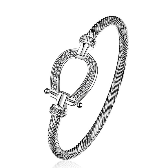 Horseshoe Sterling Silver Zircon Bangle Bracelet - Picture 3 of 9